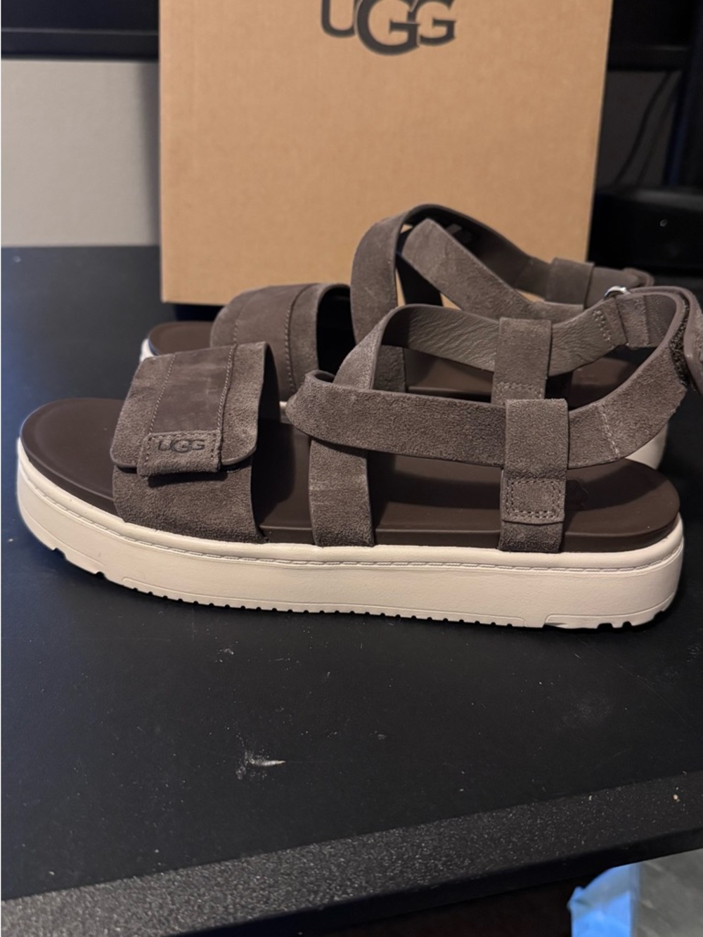 UGG Women’s Brown Suede Sandal with White Platform Sole